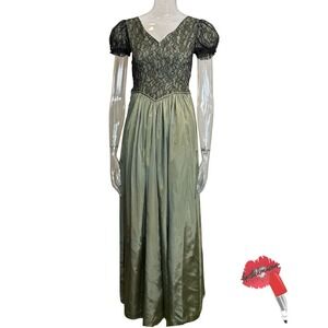 Vintage Gown Women XS / Small Olive Green‎ Taffeta Tea Party Dress Black Lace